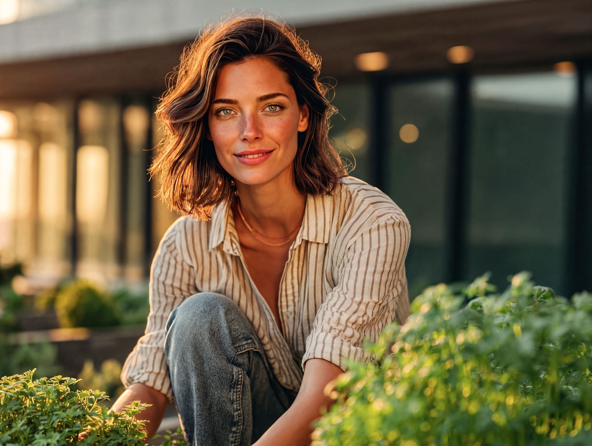 Caroline in a garden in the evening sun, linen shirt and jeans, between raised beds.