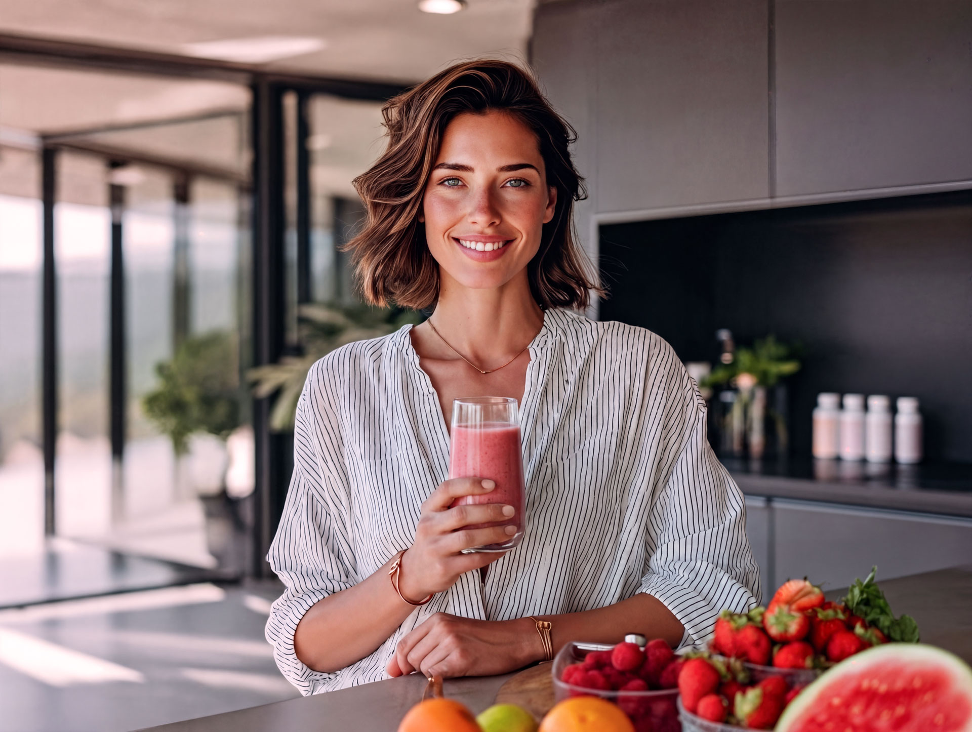 Caroline in an open-plan kitchen with a smoothie, fruit on the counter.