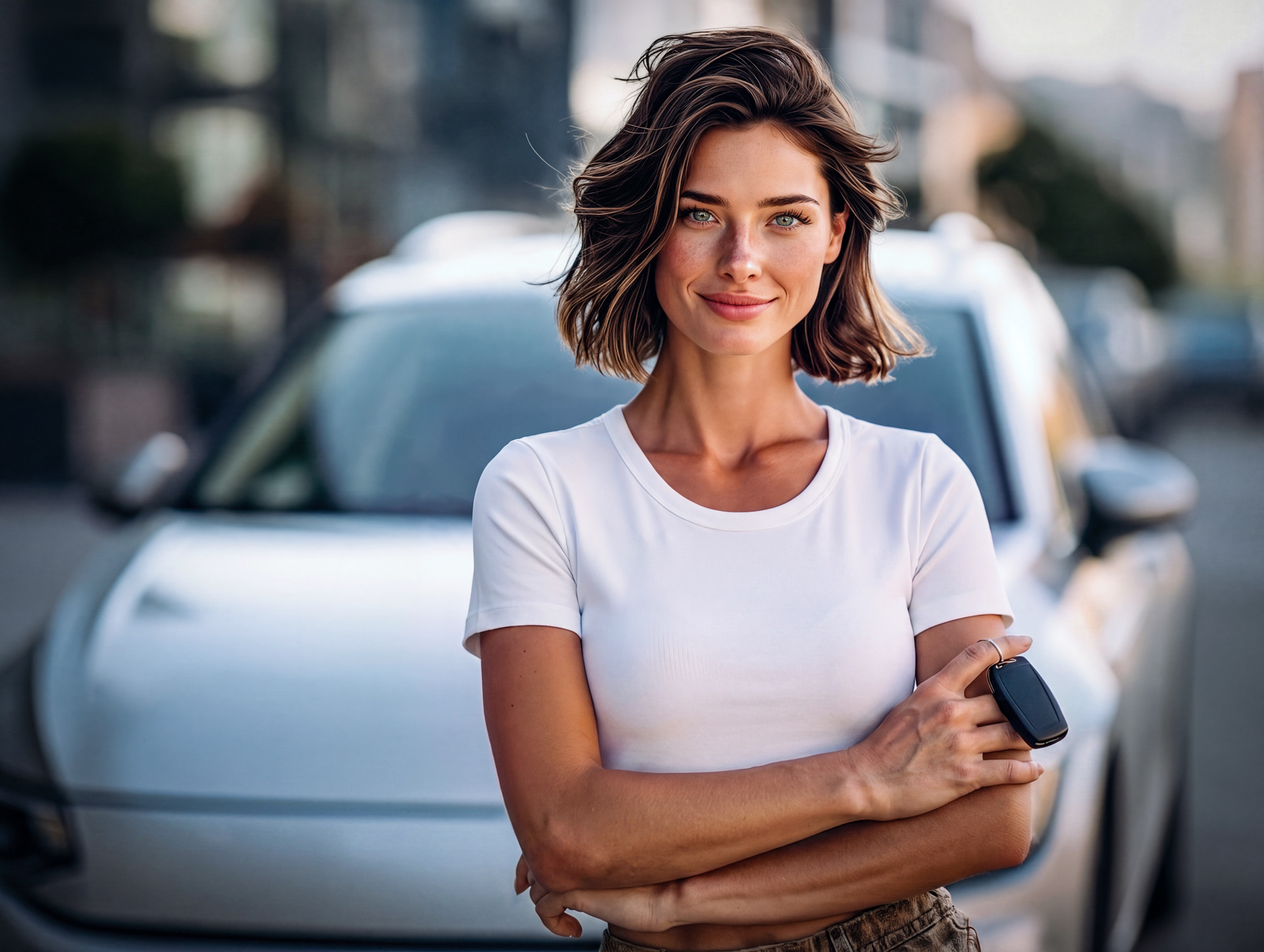 Caroline in a white shirt holding a car key in front of a light-coloured car in the city.