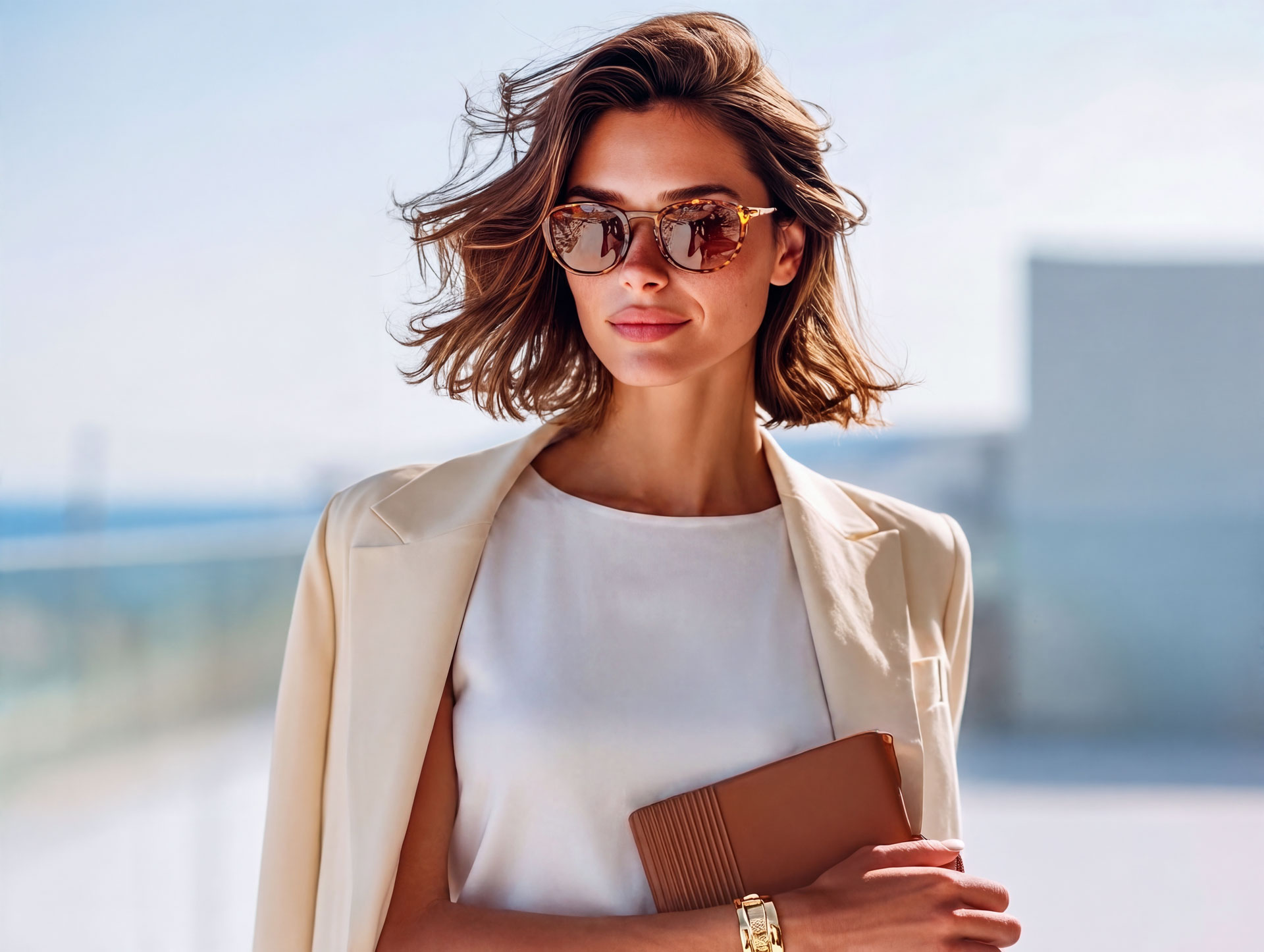 Caroline on a rooftop terrace: light blazer, sunglasses, clutch, city skyline backlit.