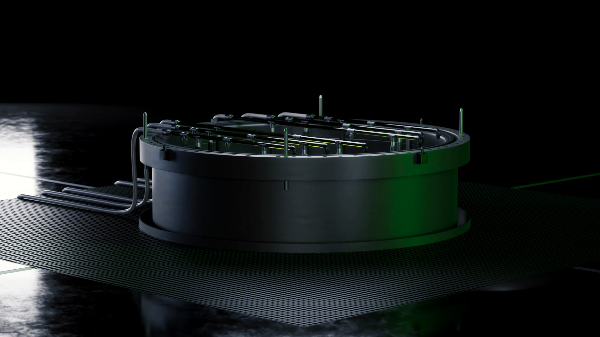 Wide shot: dark chemical reactor with surrounding pipework, green rim light.