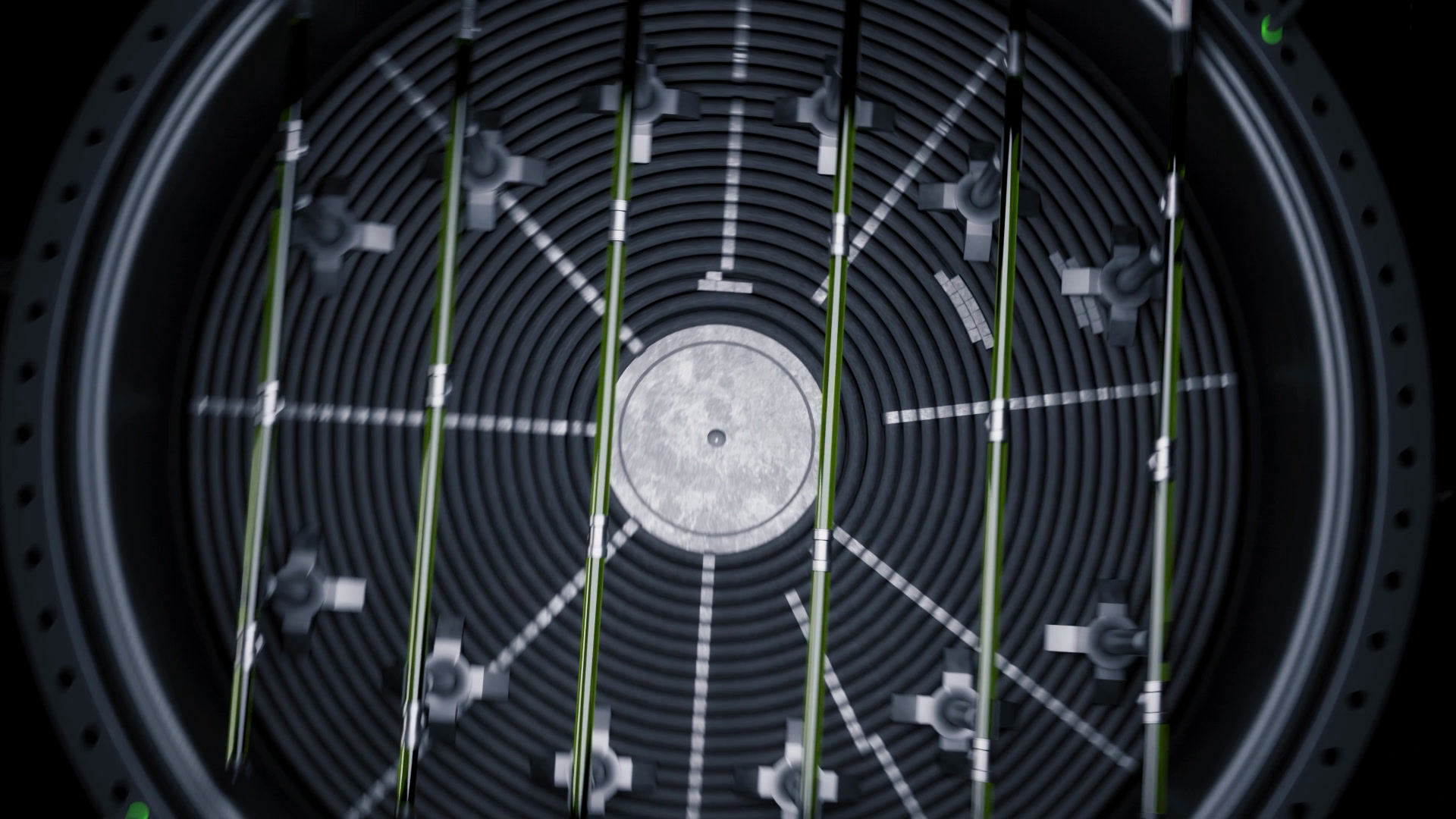 Top view into the open reactor: pipe coil in concentric rings, six spray lances above.