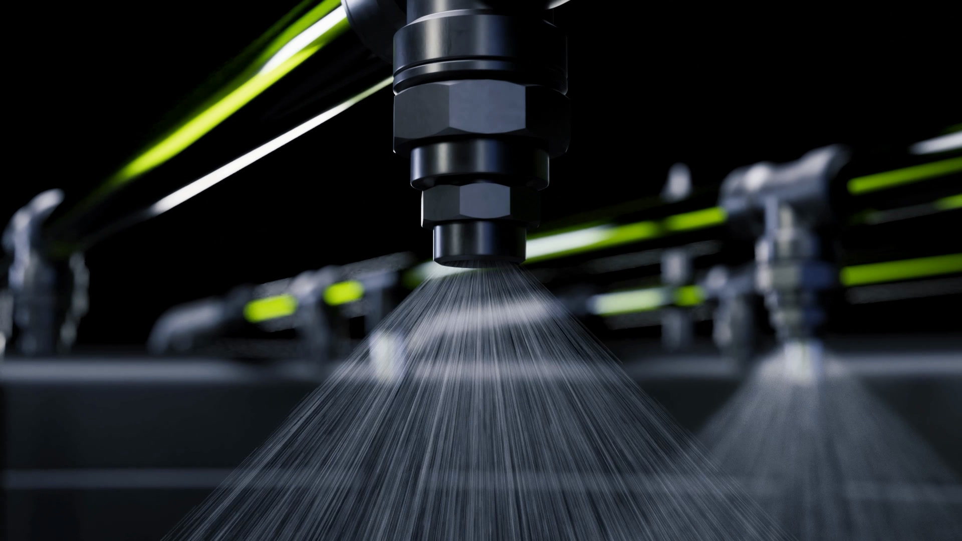 Close-up of a spray nozzle releasing a fine spray cone; the supply lines glow green.