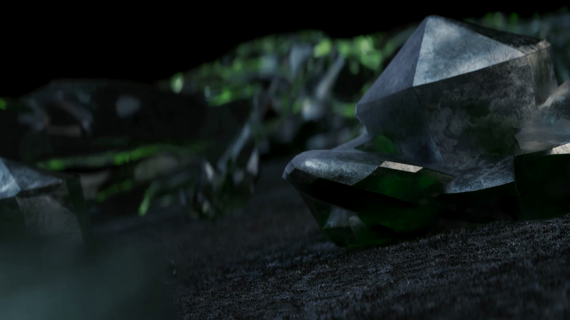 Macro shot of angular crystals on the pipe surface, green shimmering liquid behind.