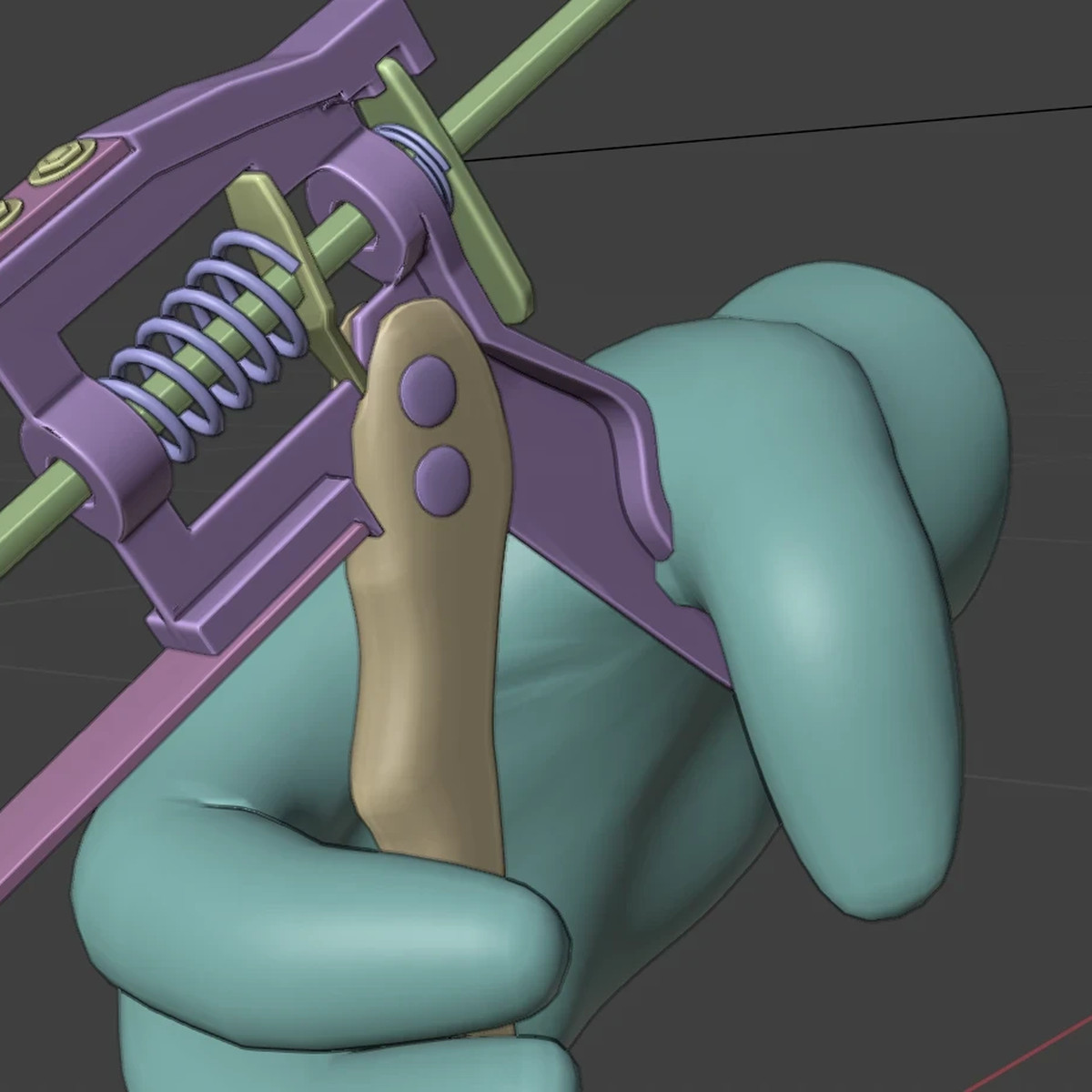 Working state in Blender: spring, lever and bolts of the caulking gun, enclosed by the hand.