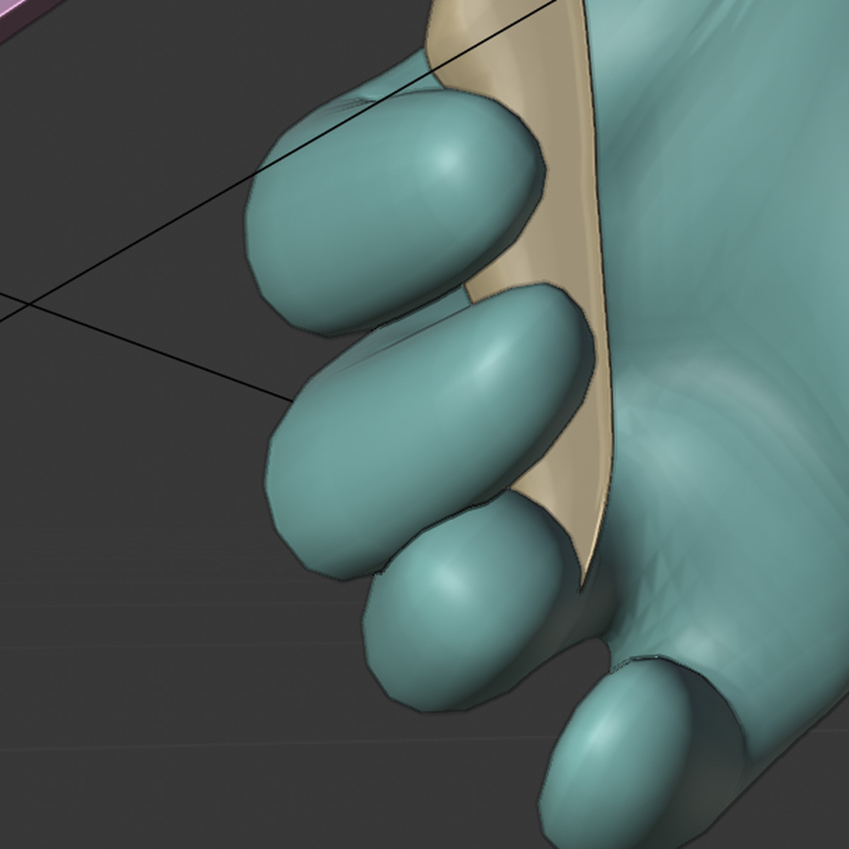 Working state in Blender: four fingertips at the edge of the caulking gun grip.