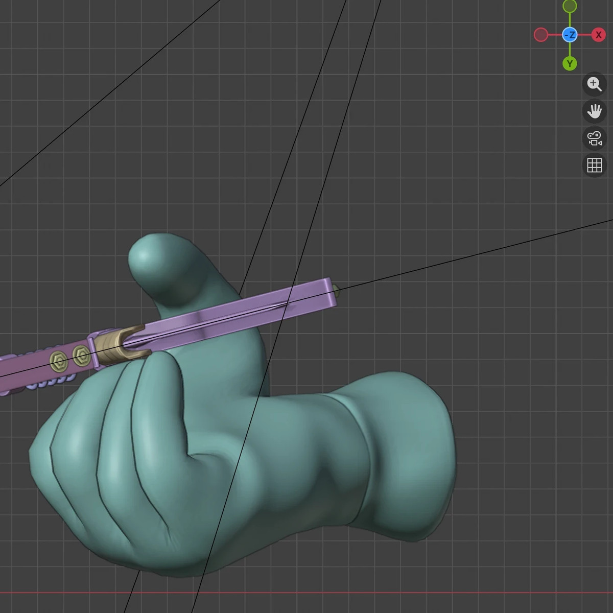 Working state in Blender: thumb and back of the hand on the lever, with the application grid floor and navigation gizmo.