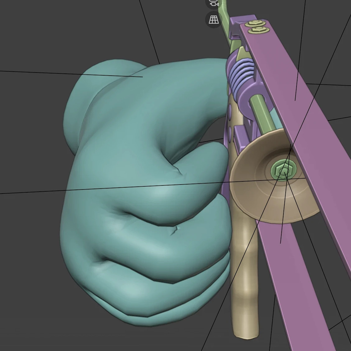 Working state in Blender: the closed hand on the grip of the caulking gun.