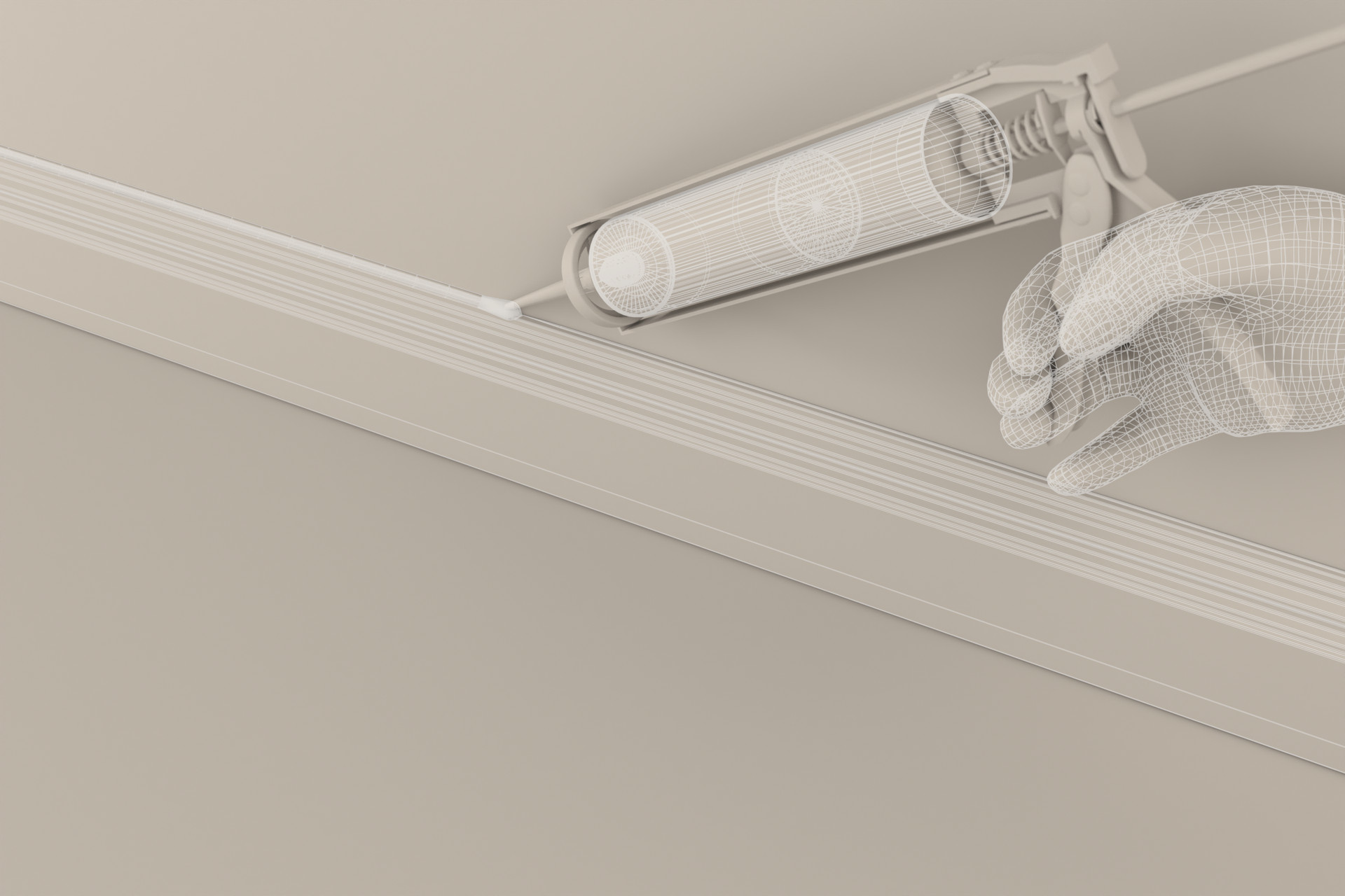 Clay render of the application scene with a semi-transparent wireframe on cartridge and work glove, same camera as the final image.