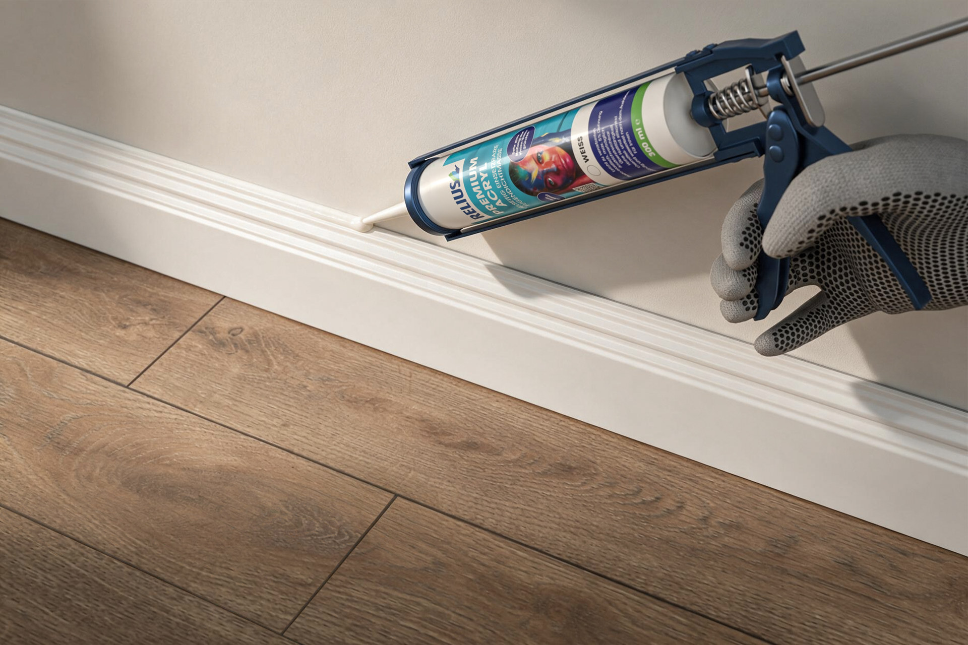 RELIUS PREMIUM ACRYL: cartridge in a blue caulking gun, a gloved hand drawing the white sealant into the joint between skirting board and wall.