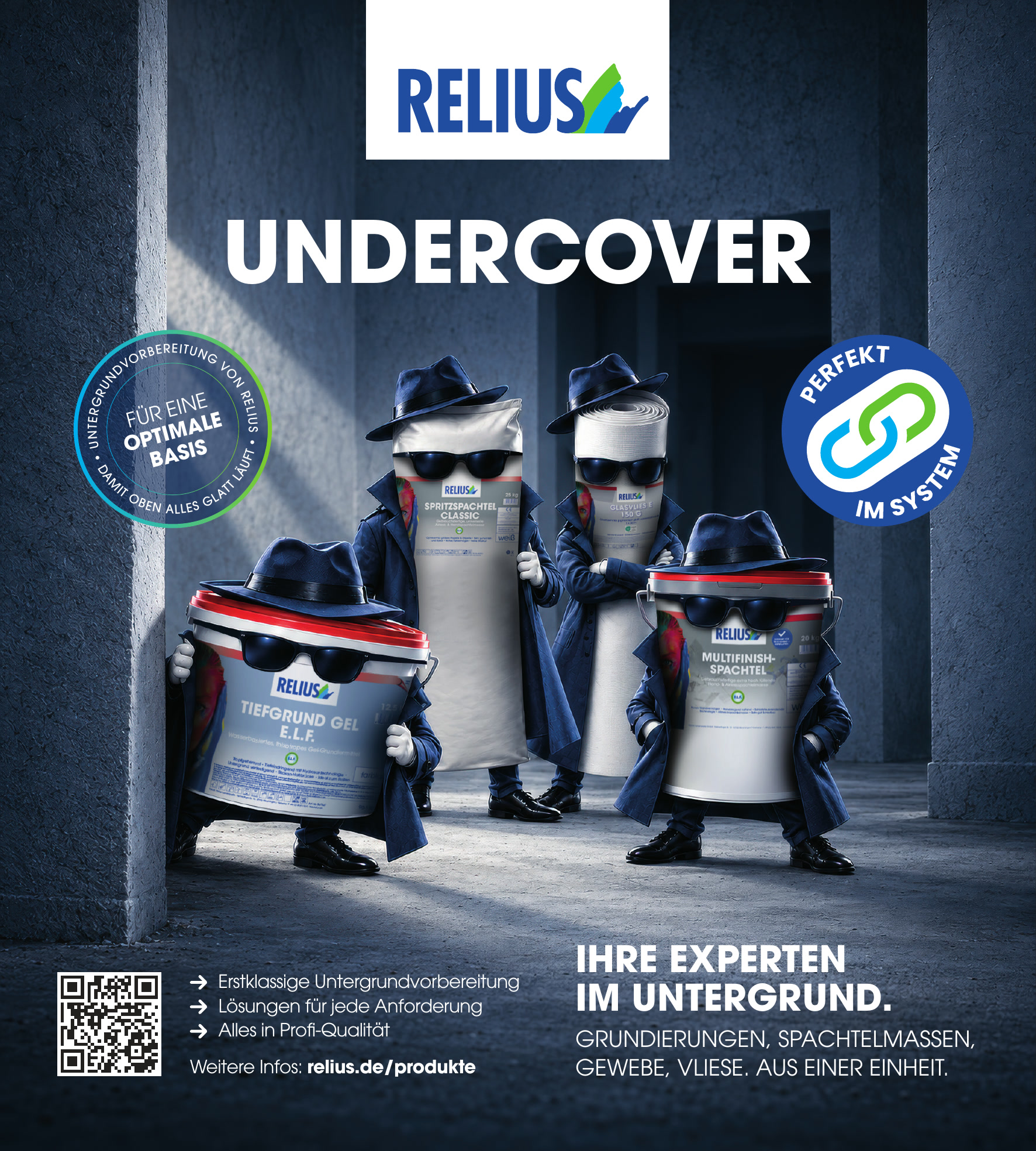 RELIUS ad “Undercover”: four surface-preparation products as agents with hat, sunglasses and trench coat in a dark courtyard, with the line “Ihre Experten im Untergrund.”