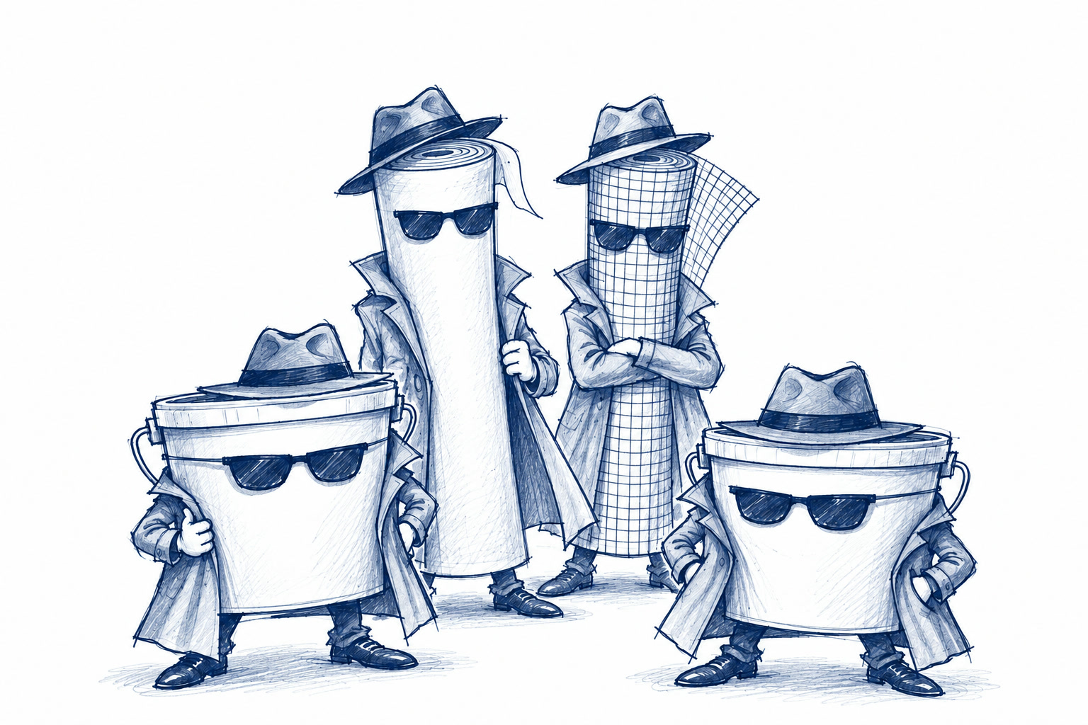 Sketch in blue pen: two buckets and two rolls with hat, sunglasses and coat.