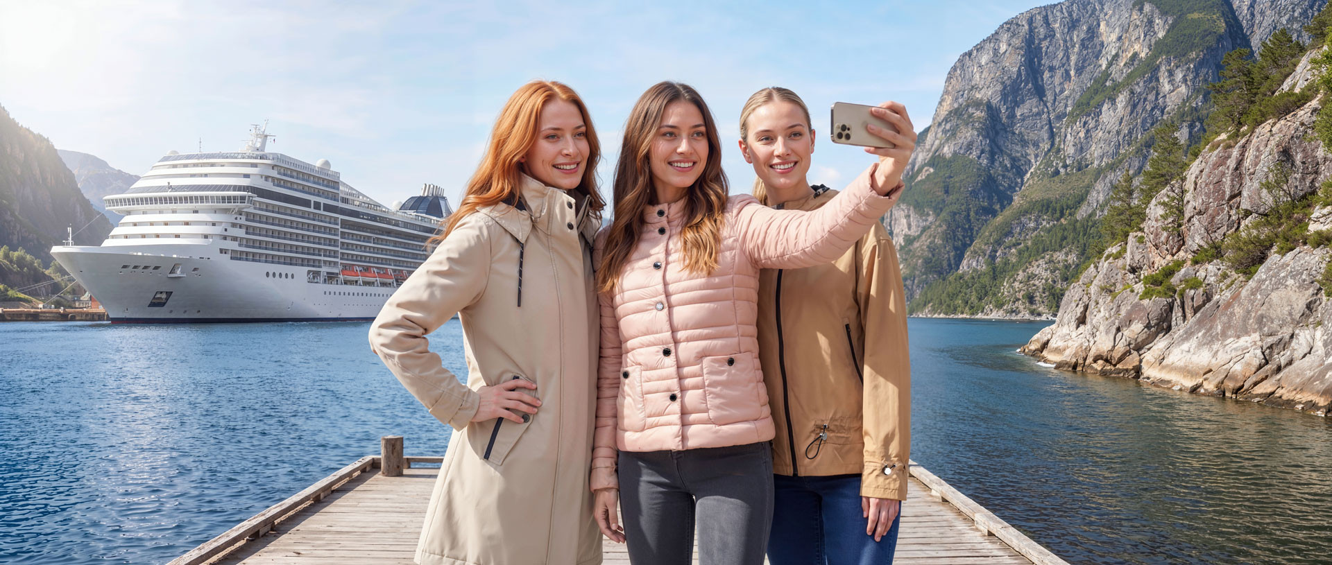 drei ki-generierte models in outdoor-jacken von fuchs-schmitt auf einem holzsteg im norwegischen fjord mit kreuzfahrtschiff im hintergrund, generiert mit nano banana pro | sauer marketing