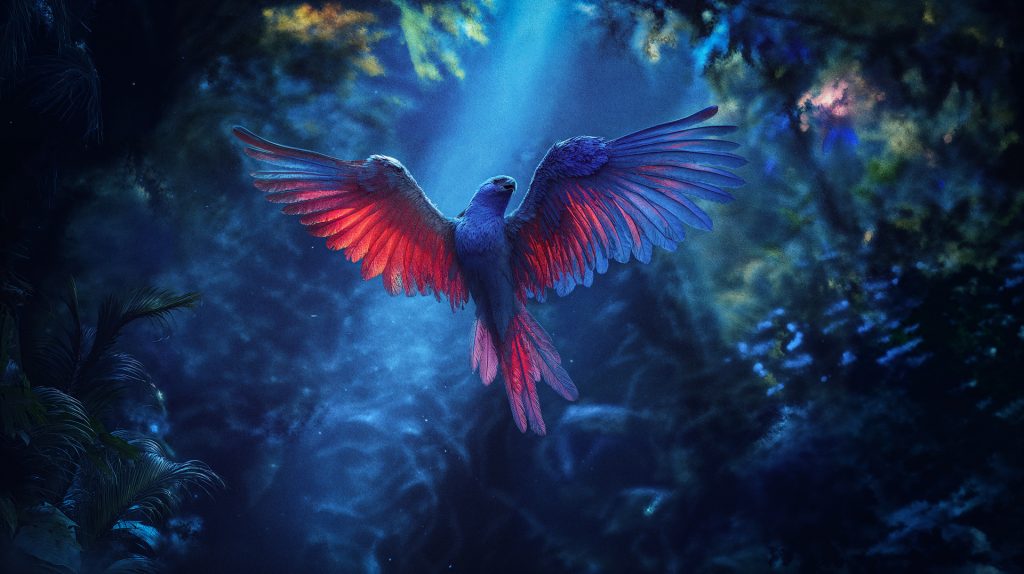 Blauer Vogel mit leuchtend roten Flügeln – KI-generierter Film von Sauer Marketing München