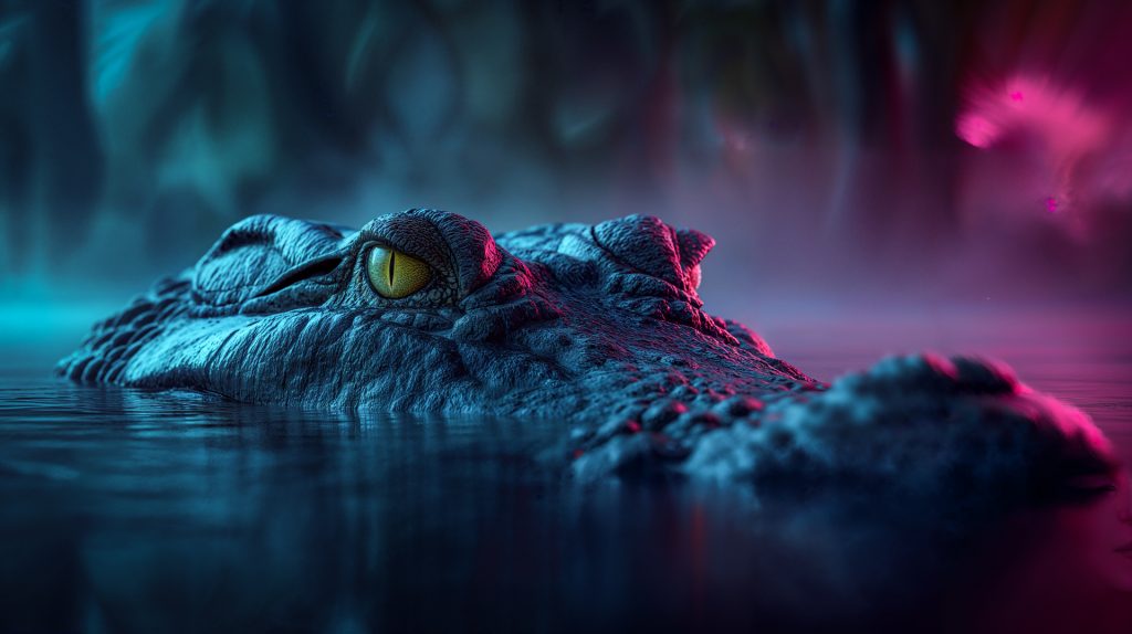 Krokodil mit gelbem Auge in blau-pinkem Licht – KI-Videoproduktion Sauer Marketing München