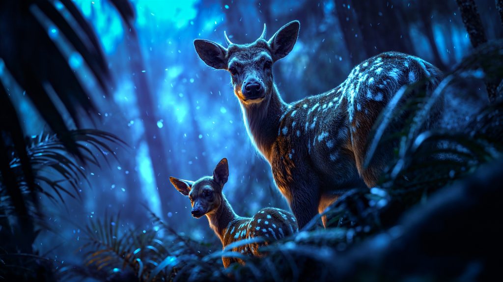 Reh mit Kitz im leuchtenden Nachtwald – KI-Film Produktion Sauer Marketing München
