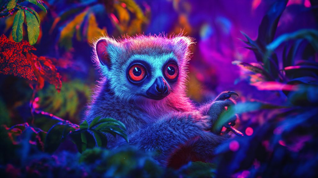 Lemur mit orangen Augen in Neon-Dschungel – KI-generiertes Video Sauer Marketing München
