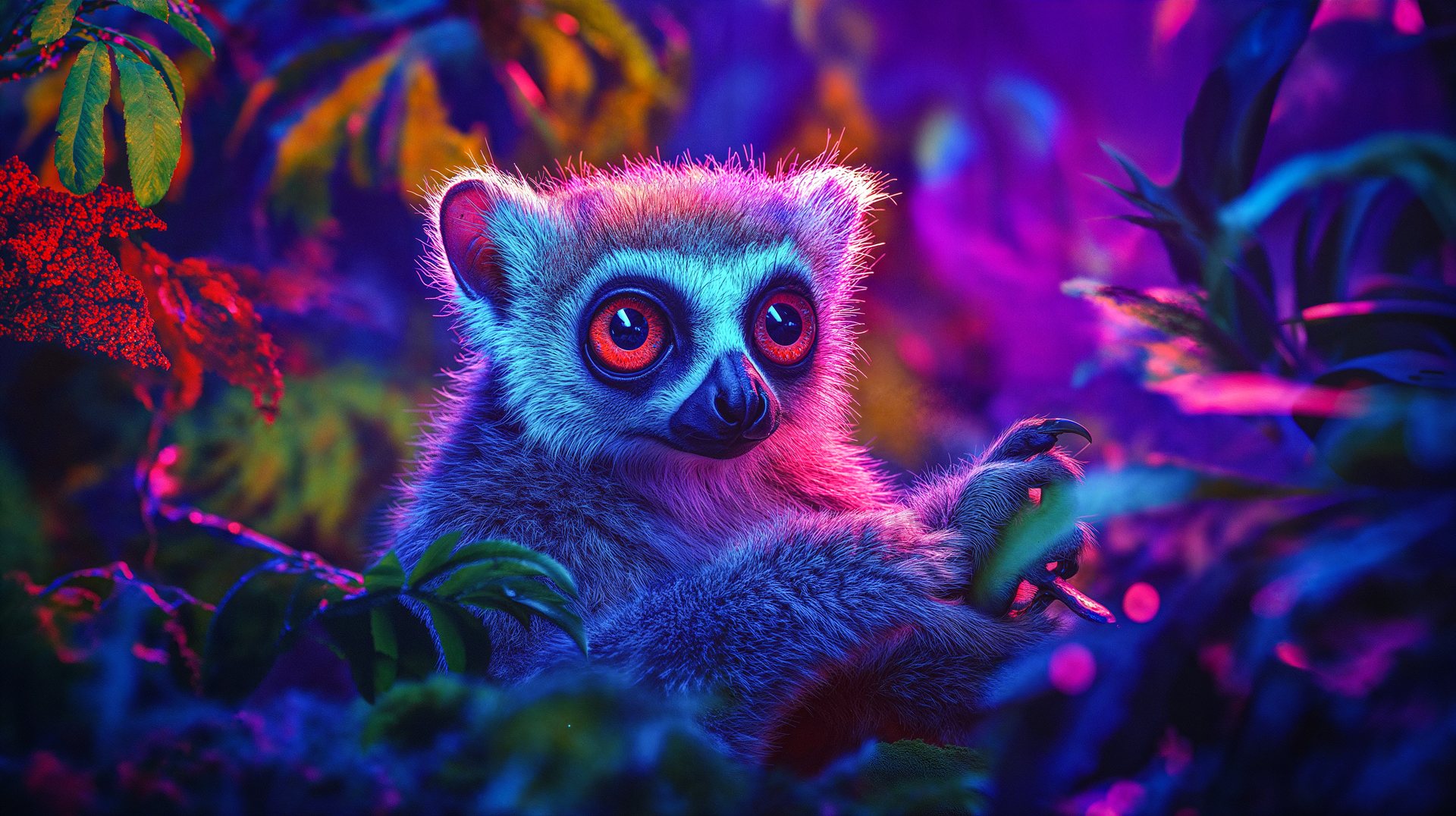 Lemur mit orangen Augen in Neon-Dschungel – KI-generiertes Video Sauer Marketing München
