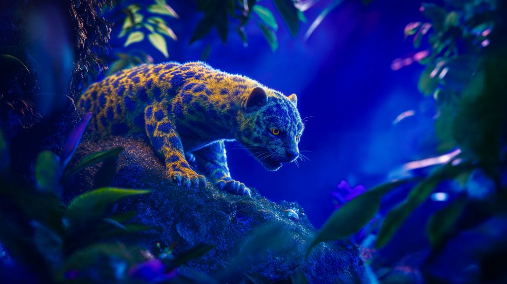 Junger Leopard in ultraviolettem Dschungel – KI-Videoproduktion Sauer Marketing München