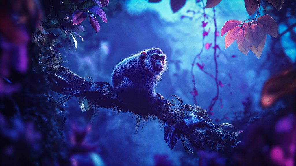 Affe auf Ast in blau-violettem Fantasiedschungel – KI-Film Sauer Marketing München