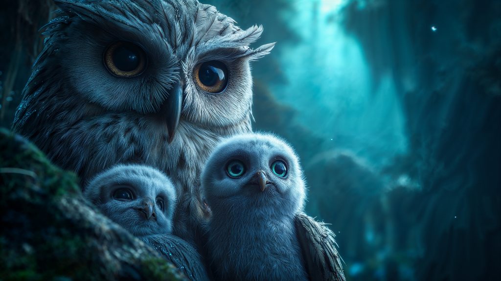 Eule mit Küken im blauen Nachtwald – KI-generierter Film Sauer Marketing München