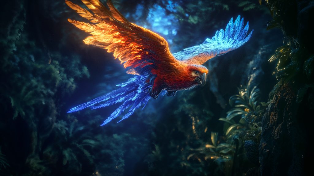 Bunter Papagei im Flug durch dunklen Dschungel – KI-Videoproduktion Sauer Marketing München