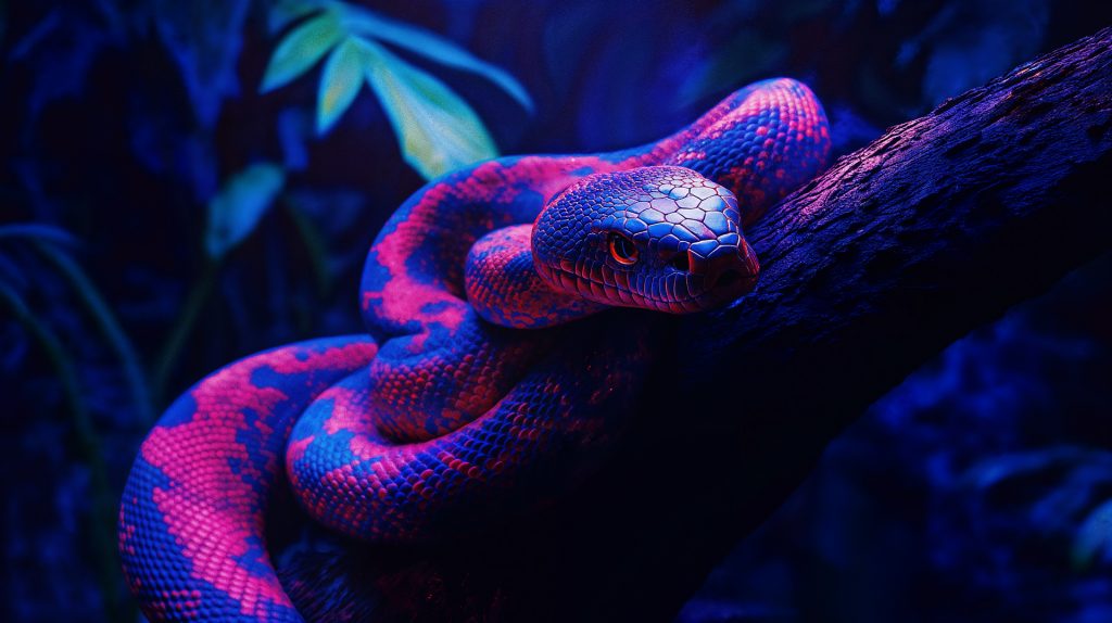 Blau-pinke Schlange auf Ast im Neon-Dschungel – KI-generiertes Video Sauer Marketing München