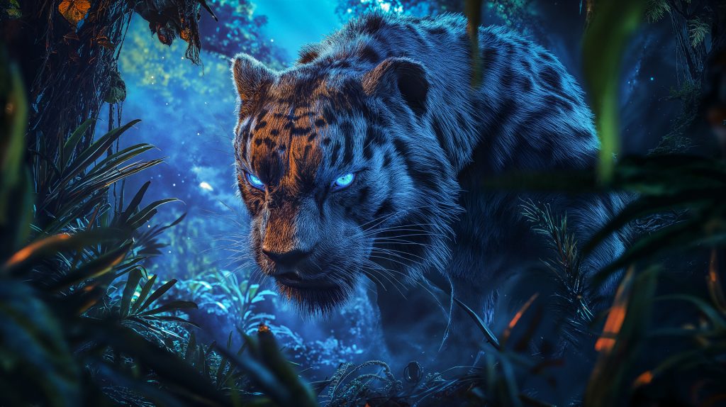 Tiger mit leuchtend blauen Augen im Nachtdschungel – KI-Film Sauer Marketing München