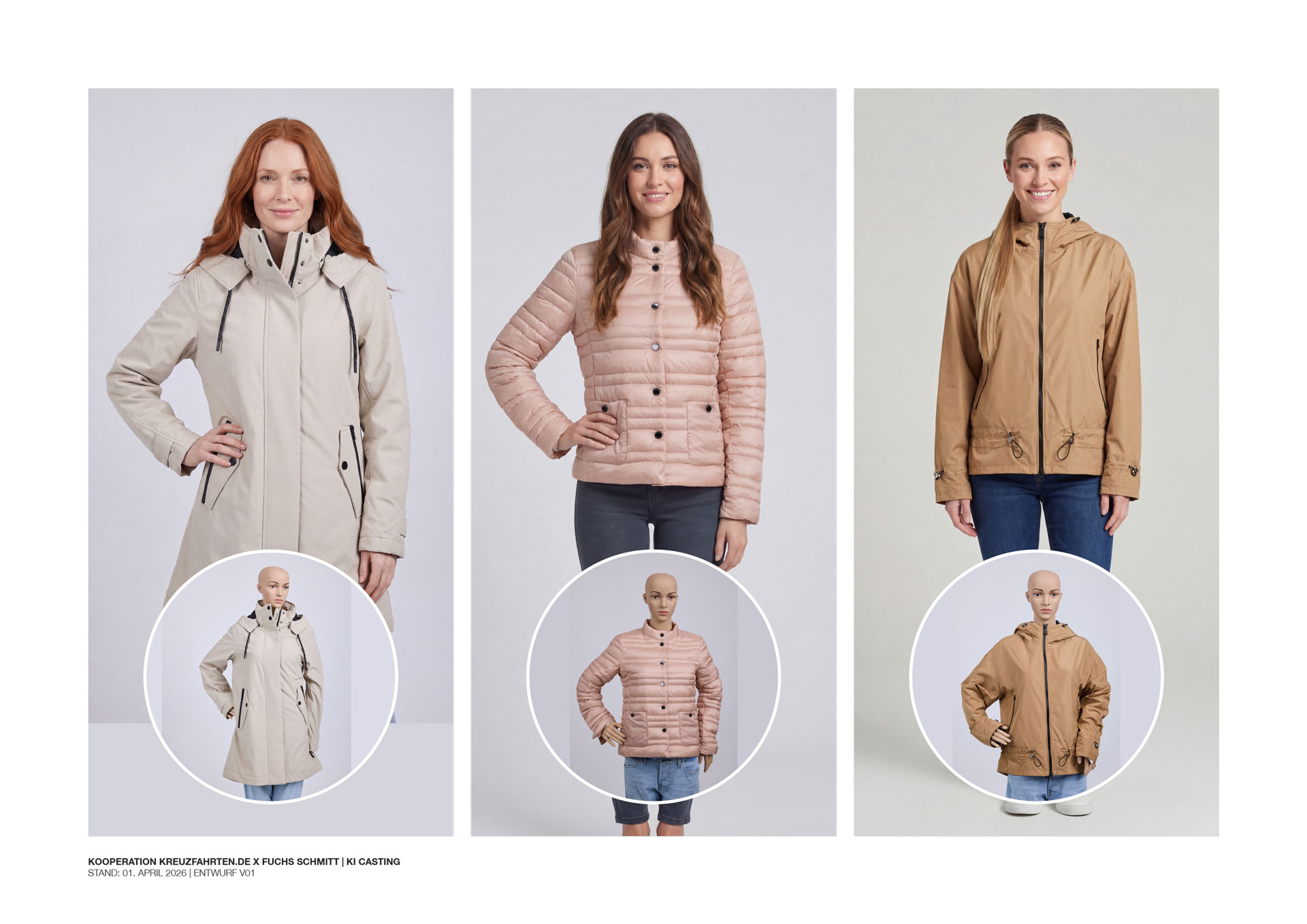 ki-casting mit drei ki-generierten models in outdoor-jacken von fuchs-schmitt, generiert mit nano banana pro, im vergleich mit den original-mannequin-aufnahmen aus dem fotostudio | sauer marketing