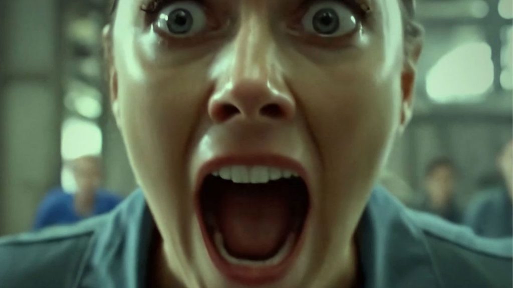 KI-generierte Frau schreit vor Schock in einer Industrieanlage – Szene aus dem B2B-Halloween-Reel von PGMT, erstellt mit Nano Banana und Veo 3.1