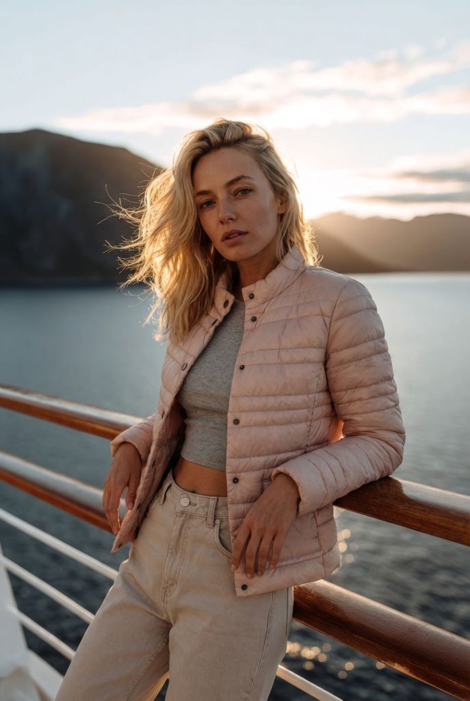ki-generiertes model in rosafarbener steppjacke von fuchs-schmitt auf kreuzfahrtdeck bei sonnenuntergang im norwegischen fjord, generiert mit midjourney 7 und nano banana pro von tobias etzer, kret studios | sauer marketing