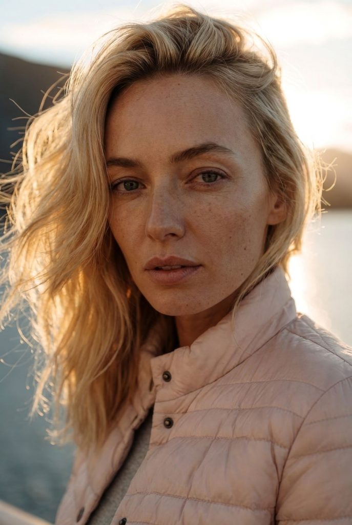 ki-generiertes model-portrait in rosafarbener steppjacke von fuchs-schmitt vor norwegischem fjord im gegenlicht, generiert mit midjourney 7 und nano banana pro von tobias etzer, kret studios | sauer marketing