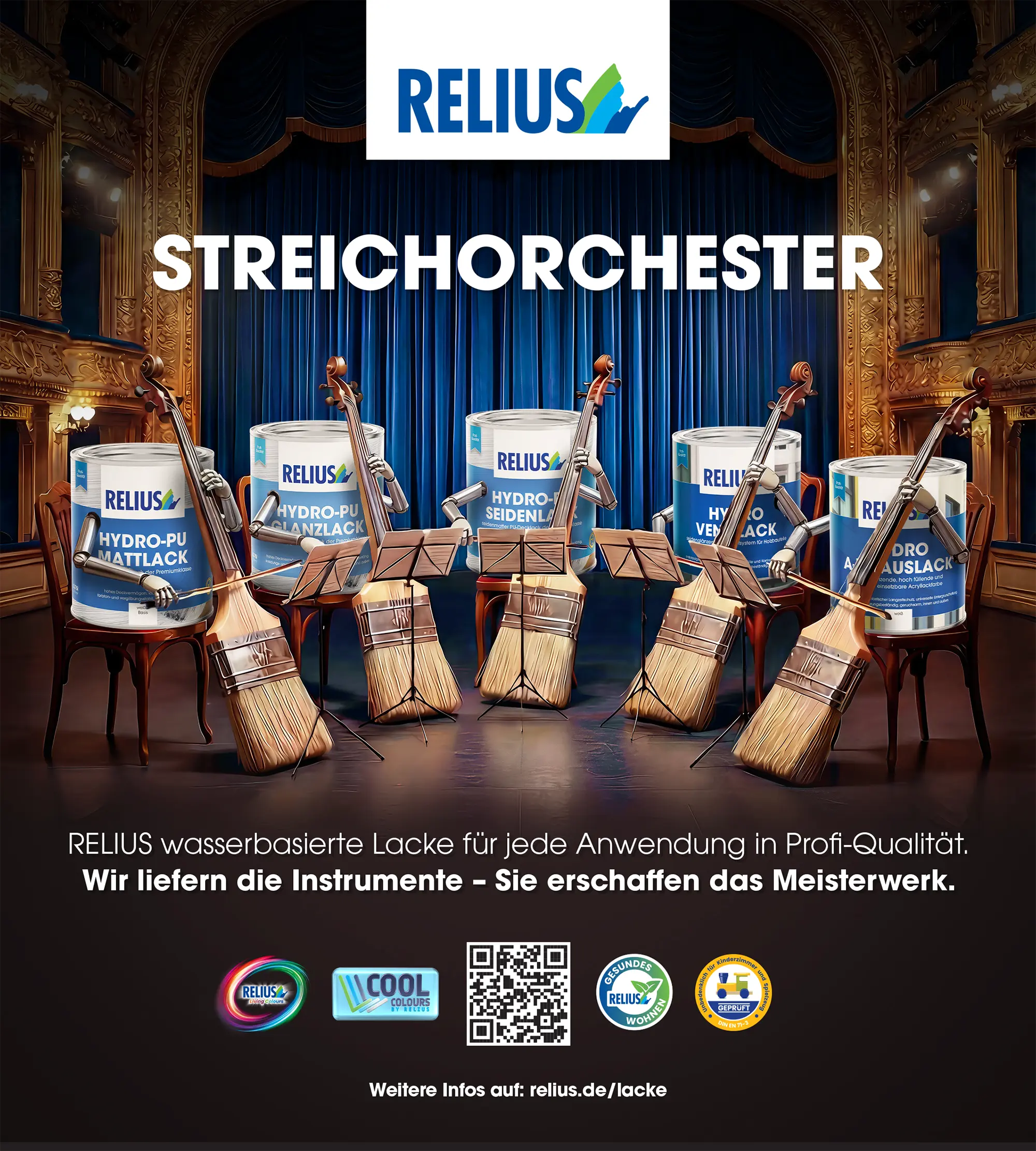 KI-generierte Werbeanzeige für RELIUS Hydro-Lacke: Pinsel und Lackdosen als Streichorchester auf einer Theaterbühne