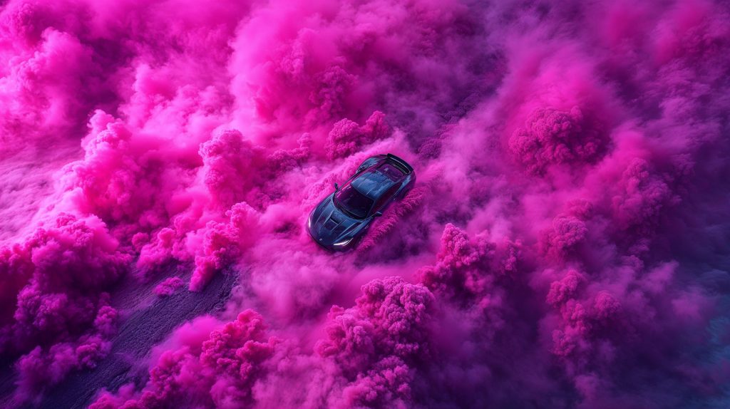 KI-generierter Sportwagen von oben in pinkem Rauch – erstellt mit Midjourney 6.1