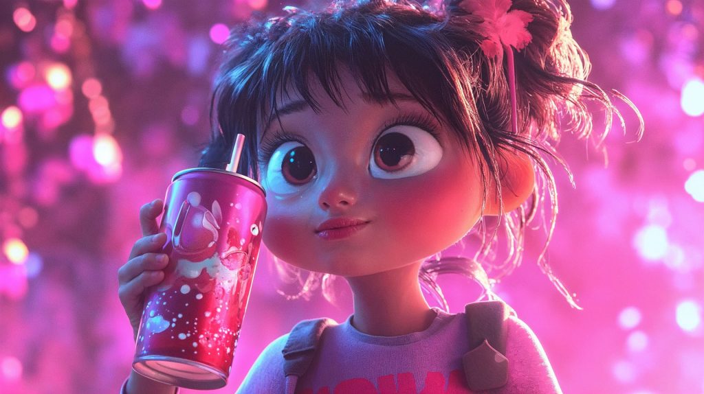 KI-generierter 3D-Charakter eines Mädchens mit pinkem Getränkebecher – erstellt mit Midjourney 6.1