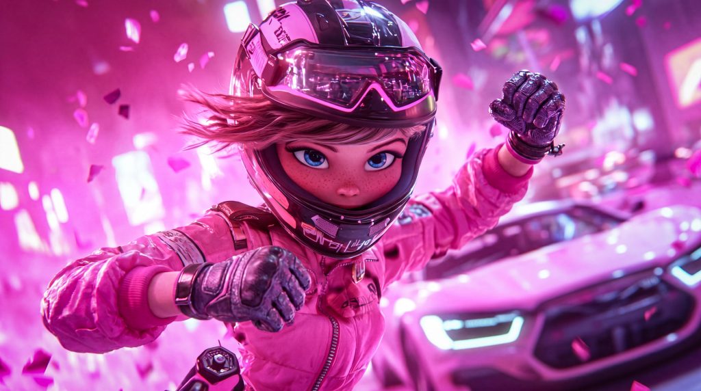 KI-generierter 3D-Charakter einer Rennfahrerin im pinken Racing-Suit – erstellt mit Runway Gen-4