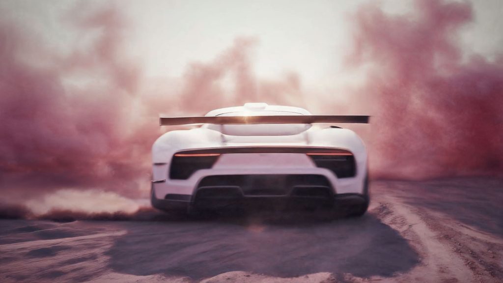 Weißer Hypercar frontal von hinten in pinkfarbenem Rauch – KI-generiert mit Veo 3.1