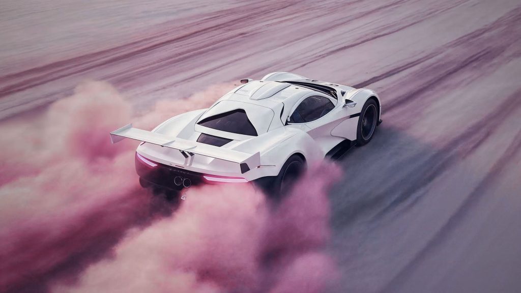 Weißer Hypercar Heckansicht mit pinkfarbenem Rauch beim Drift – KI-generiert mit Veo 3.1