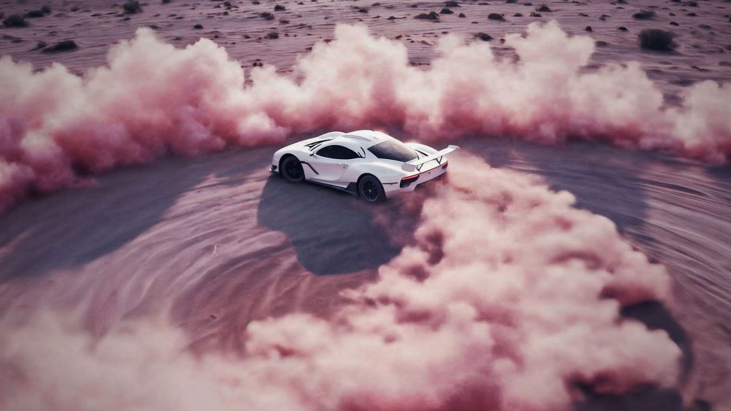 Weißer Supersportwagen dreht Donuts in pinkfarbenem Rauch – KI-generiert mit Veo 3.1