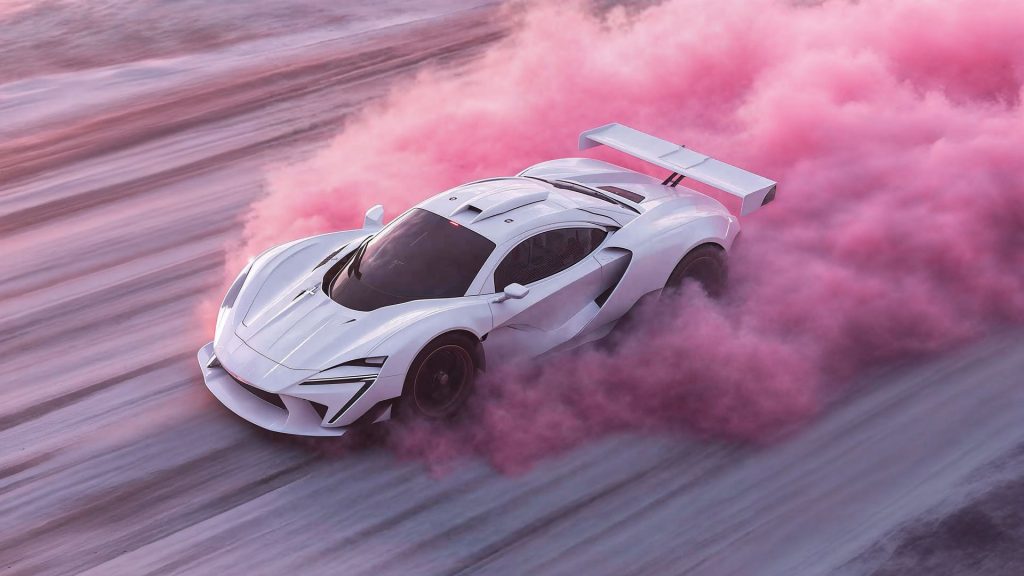 Weißer Supersportwagen driftet mit pinkem Rauch – KI-generiert mit Veo 3.1