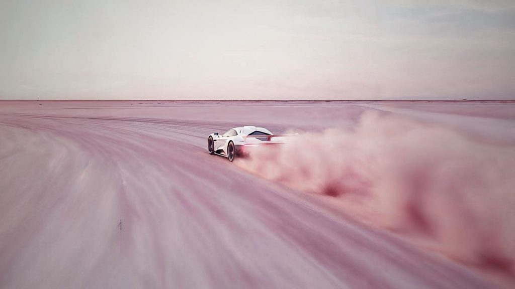 Weißer Supersportwagen mit Rauchspur in der Wüste – KI-generiert mit Veo 3.1